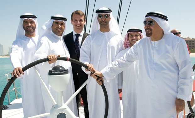 (l-r) Ahmed Al Romaithi, Director General, Abu Dhabi Marine Sports Club, H.E. Mubarak Hamad Al Muhairi, Director General ADTA, Knut Frostad, CEO Volvo Ocean Race, Mohammed Al Mahmoud, General Secretary Abu Dhabi Sports Council, Salam Al Romaithi, Deputy D