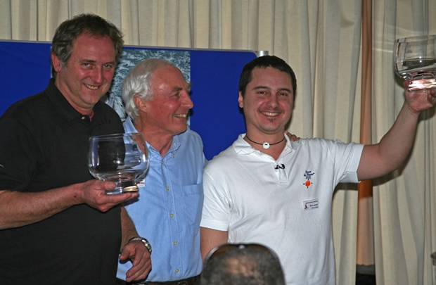 Paul Peggs and Marco Nannini accept their Round Britain prizes. Marco Nannini: "What they don't tell you about the Round Britain is all the drinking. These were the shot glasses!" 