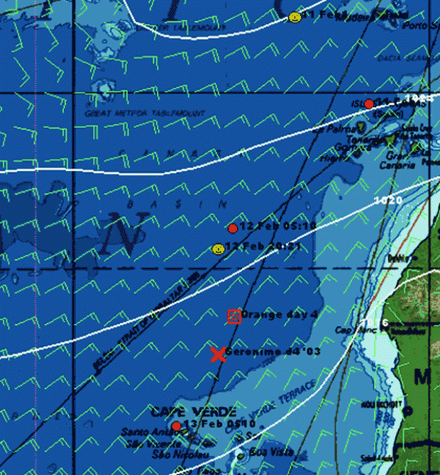 Red dots = Cheyenne, Yellow smiley = Geronimo, Red Cross = Geronimo's end of day 4 position in 2003, Red Square = Orange's end of day four position in 2002.