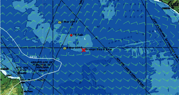 Yellow/green dots = Geronimo's positions, red X = Orange's 2002 record, red dot = Cheyenne's relative position. Weather for 0000 this morning