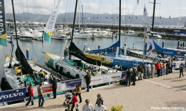 The Volvo 70s lined up outside Sanxenxo's Real Club Nautico