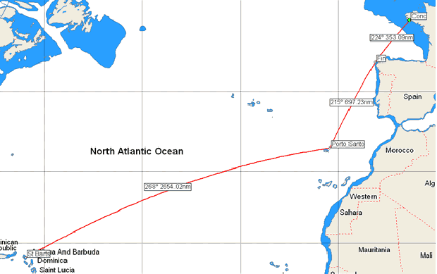 Concarneau to St Barts, via mark rounding in Madeira. Image courtesy of Expedition Navigation Systems