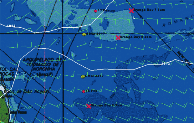 Yellow dots = Geronimo, red dots = Cheyenne, red Xs = Orange's Jules Verne Trophy record. Weather for 0000 this morning.
