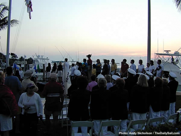 A sense of occasion as all competitors turn to the flag pole for the national anthem