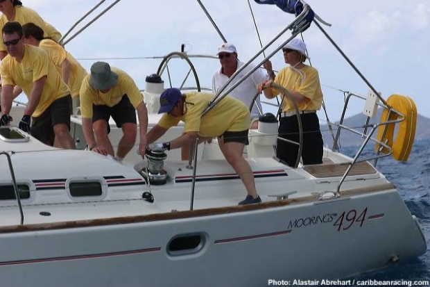 Two time Olympic gold medalist Shirley Robertson at the helm of Team GB, the BVI Tourist Board entry