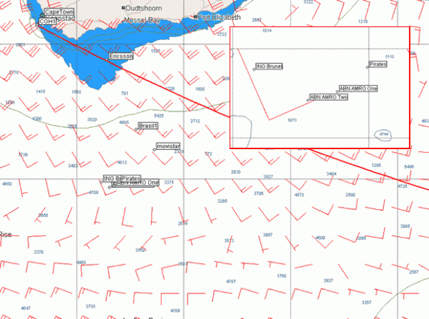 Positions and weather at 1600GMT. Image courtesy of Expedition Navigation Systems. NB the GRIB weather file is showing the ridge further south than it actually is