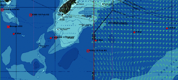 Red dots = Cheyenne, red squares = Geronimo's run last year, red cross (far left) = Orange's equvialent day 32 position from her record run in 2002