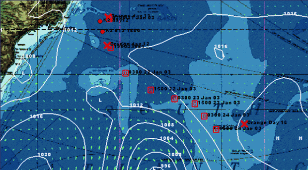 The chart above shows the isobar-free zone Kingfisher2 is currently in. The high pressure system to the south is forecast to move slowly northeast effectively blocking the path for Kingfisher2. Image courtesy of Raymarine