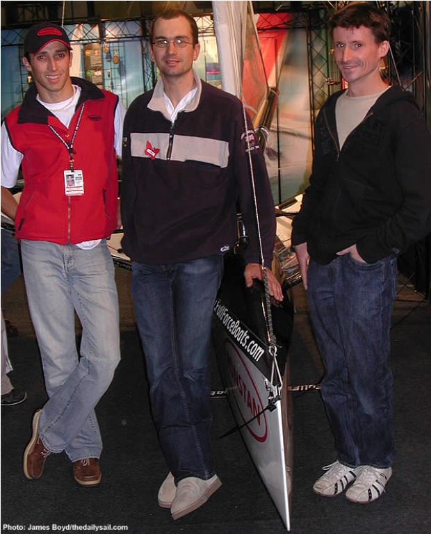 From left to right: World Champion Rohan Veal, Adam May and boat builder Linton Jenkins