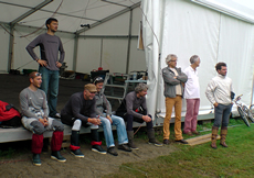 Groupama support crew including designer Martin Fischer and team mager StÃ©phane Guilbaud (and Peter Heppel lurking)
